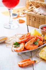 Fried shrimps on a plate with vegetables