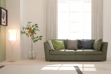 Stylish room in white color with sofa. Scandinavian interior design. 3D illustration