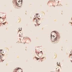 No drill roller blinds Little deer Watercolor baby hedgehog and mother cartoon owls, bear and deer seamless pattern. Woodland cute owl hand drawn kid texture, bird background. Children funny painting. Fabric design