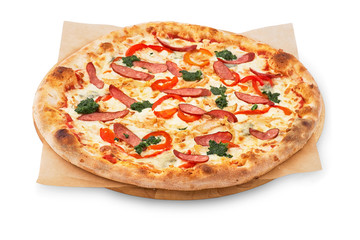 Pizza menu. Delicious hot pizza Mario with chicken, sausage and cheese. Delicious traditional Italian pizza on an isolated White background
