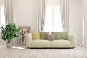 Stylish room in white color with sofa. Scandinavian interior design. 3D illustration