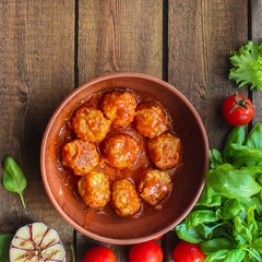 meatballs in tomato sauce (meat dish). food background. top view. copy space