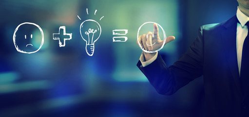Good idea equals happy with a businessman in an office