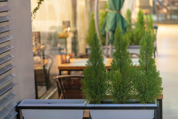 View of empty tables in outdoor cafe on the street european street