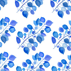 Watercolor seamless pattern with blue leaves on white background. Wrapping paper design. Hand painted illustration.  