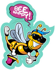 Cartoon style smiling happy bee in sunglasses, vector cartoon character.