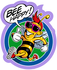 Cartoon style smiling happy bee in sunglasses, vector cartoon character.