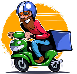 Cartoon style courier with motor cycle scooter delivery, vector illustration.