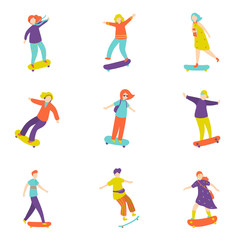 Fototapeta na wymiar Set of colorful modern young people at skateboard tricks