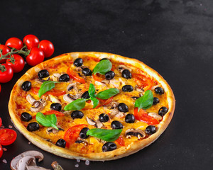 pizza (mushrooms, olives, chicken, tomato sauce, cheese). Top view. copy space