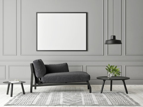 Mock up poster in gray living room minimalism design, 3d render, 3d illustration