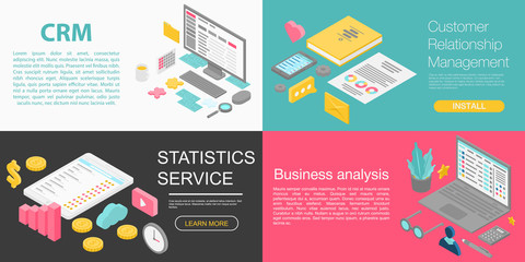 CRM banner set. Isometric set of CRM vector banner for web design