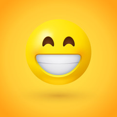 Beaming face emoji with smiling eyes and a broad, open smile with a full-toothed grin as if saying Cheese! for the camera