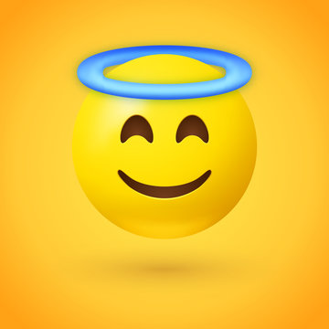 Angel emoji with smiling eyes, closed smile and blue halo overhead