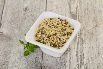 Peeled hemp seeds in the bowl