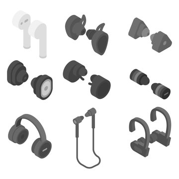 Wireless Earbuds icons set. Isometric set of Wireless Earbuds vector icons for web design isolated on white background