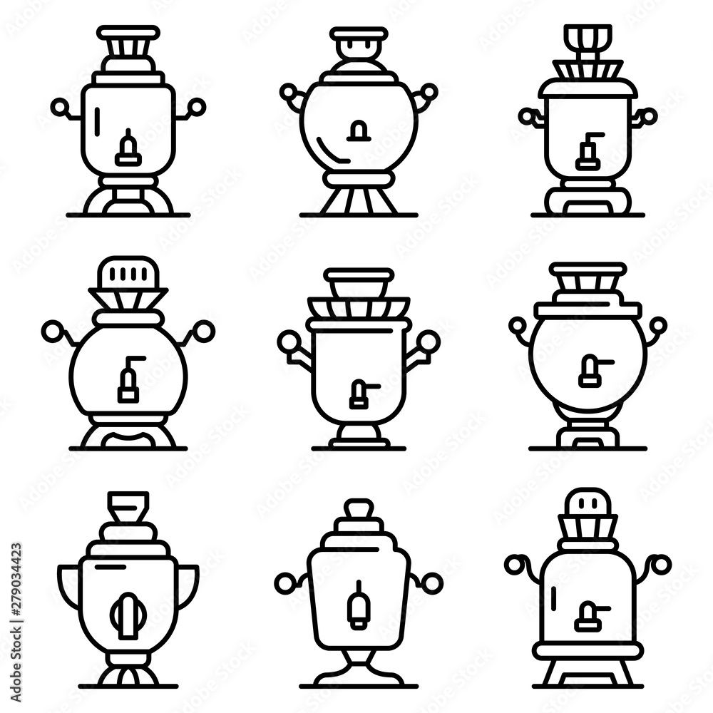 Poster samovar icons set. outline set of samovar vector icons for web design isolated on white background