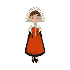 Cute france woman in white headwear and long red dress