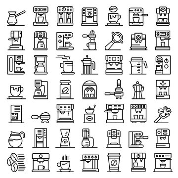 Coffee machine icons set. Outline set of coffee machine vector icons for web design isolated on white background