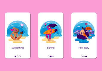 Fototapeta premium Set of mobile app page design, screen set on active summer holidays theme on the sea.