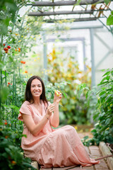 Young woman with basket of greenery and vegetables in the greenhouse. Harvesting time