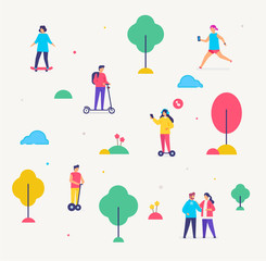Group of people are walking. Transport gyroscooter, scooter, park infographics icons, illustration. Smartphones tablets user interface social media.Flat illustration Icons infographics. Landing page © turbodesign