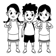 childhood cute school students cartoon in black and white