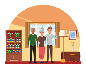 Family grandparents with adult son greeting