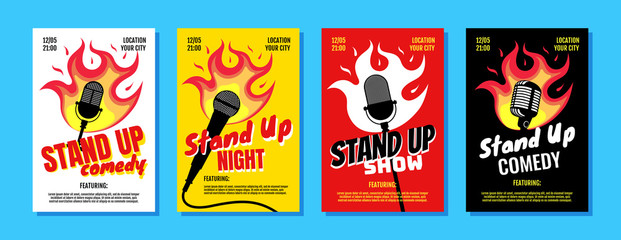 Stand up comedy night live show A3 A4 poster design template set. Retro microphone with fire on white yellow red black background. Hot jokes roasting concept flyer. Vector open mic illustration