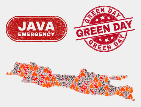 Vector composition of wildfire Java Island map and red round grunge Green Day seal stamp. Emergency Java Island map mosaic of destruction, power hazard symbols.