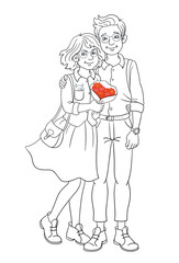 A couple of young cute guy and girl stand embracing. Black and white picture with red accent. In cartoon style. Isolated on white background. For coloring book.