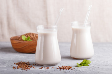 Organic non dairy buckwheat  milk in glass and wooden plate with buckwheat seeds on a gray concrete background.