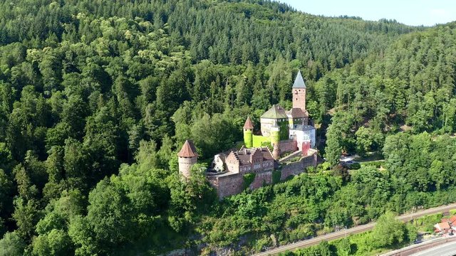 Aerial view, flight at Zwingenberg Castle, river Neckar, Odenwald, Baden-Wurttemberg, Germany