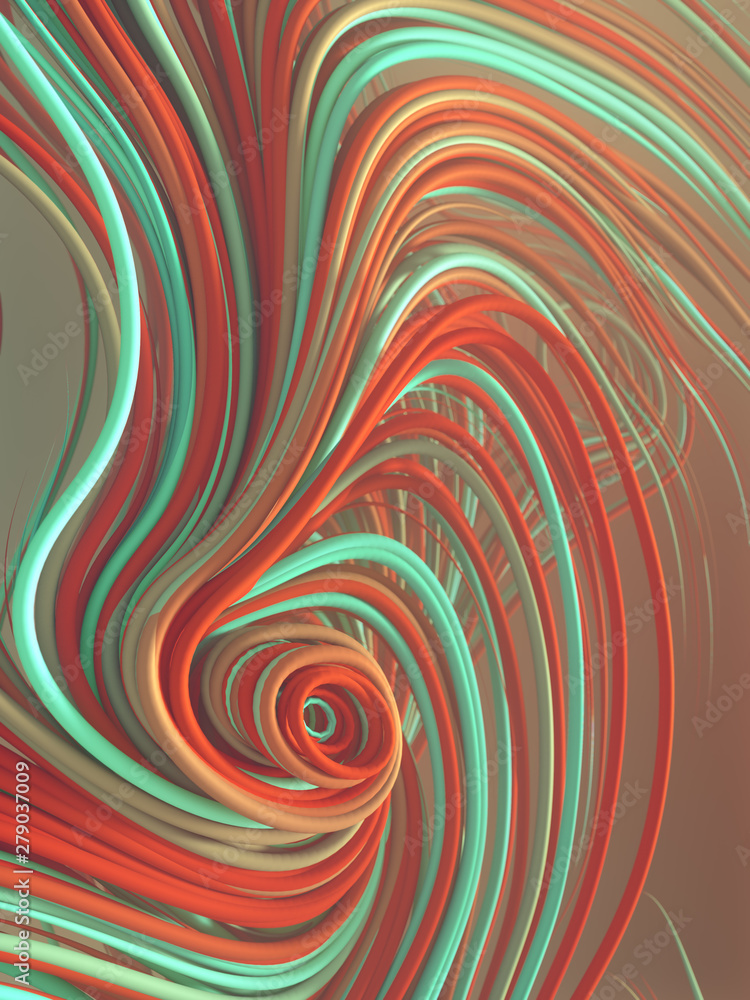 Poster Interlacing abstract green and orange colored curves. Computer generated geometric pattern. 3D rendering