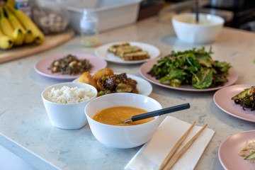 White rice, Pumpkin soup and various side dishes, Korean food