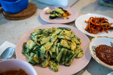 Homemade Korean Pajeon Scallion Pancakes with Dipping Sauce