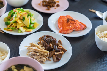 Stir fried mushrooms and various side dishes, Korean food