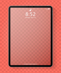 Realistic tablet computer mockup with transparent empty lock screen. Modern tablet PC template design isolated on living coral transparent background. Vector Illustration