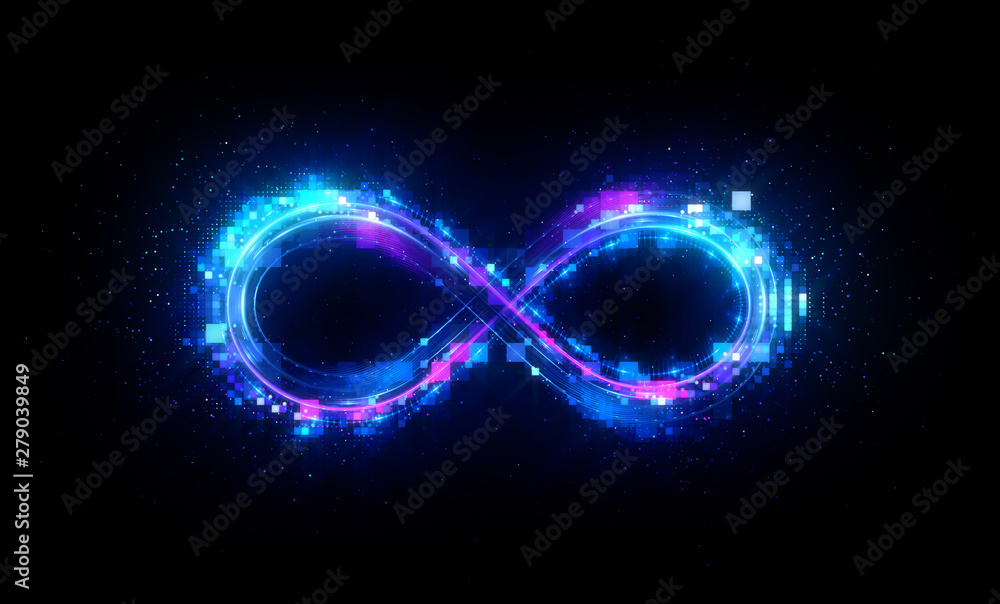 Wall mural lighting 3d infinity symbol. beautiful glowing signs..sparkling rings. swirl icon on black backgroun