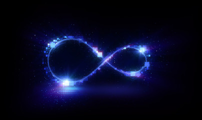 Lighting 3d infinity symbol. Beautiful glowing signs..Sparkling rings. Swirl icon on black background..Luminous trail effect. Colorful isolated sparkling loop.