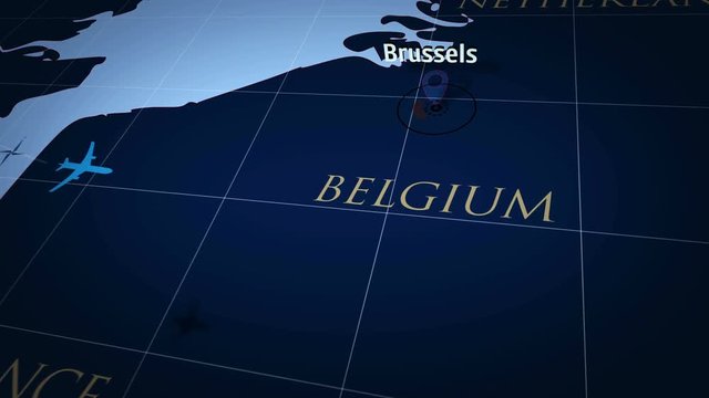 Brussels on simple blue map. Plane symbol with trail flight over atlas chart with city marked by pushpin. Airplane icon moving on maps 3d animation.