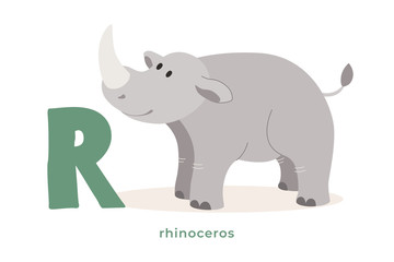 Cute cartoon rhinoceros with letter R. Fabulous African animal. Can be used for children's alphabets and books. Vector illustration on white isolated background.