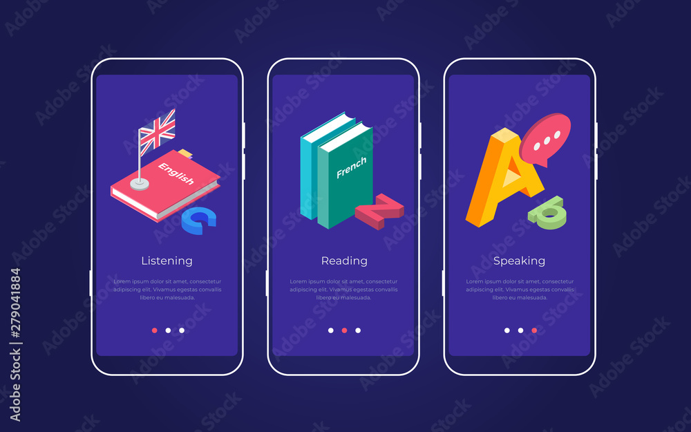 Poster set of onboarding screens for mobile apps. banners with letters of the latin alphabet and books for 