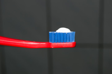 toothbrush with white toothpaste on the bristles, oral hygiene concept