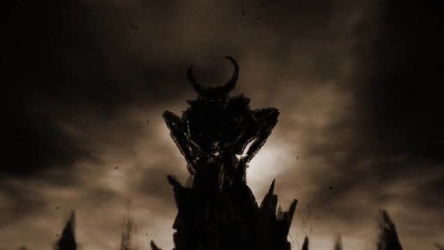 Winged demon soars into sky. 2D animation horror fantasy genre. Damaged film strip. Monochrome color background. Scary video clip. Apocalyptic doomsday theme. Gloomy animated short. Spooky Halloween.