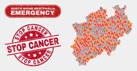 Vector composition of disaster North Rhine-Westphalia Land map and red round textured Stop Cancer seal. Emergency North Rhine-Westphalia Land map mosaic of wildfire, energy lightning icons.