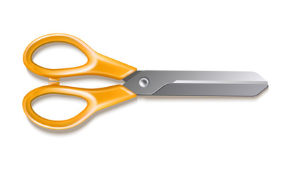 Vector 3d scissors with yellow office stationery