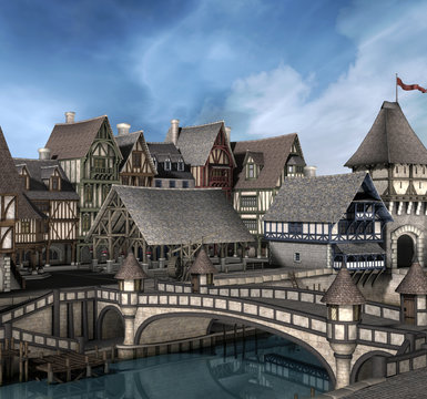 Fantasy medieval village crossed by a river in the middle Europe