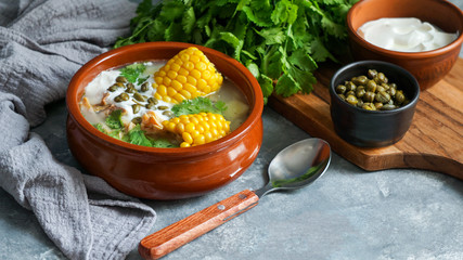 Ajiaco Colombiano.   patato soup common in Colombia, Cuba and Peru. Latin America