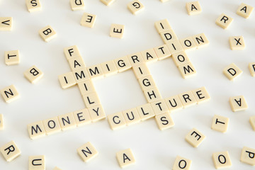 Immigration Conceptual Words. Top View of Connected Letters Game.